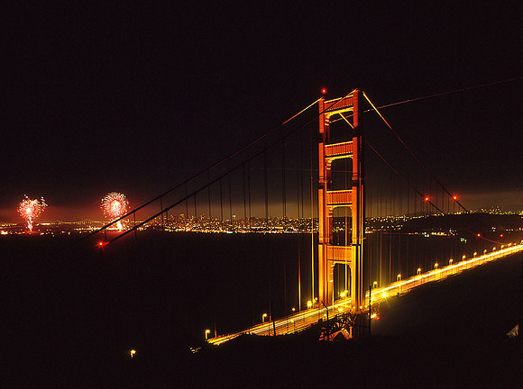 Golden Gate Bridge with fireworks, San Francisco